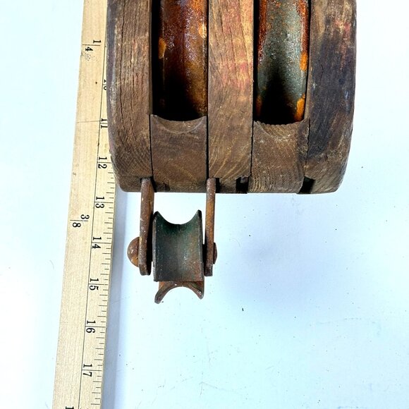 Antique Wooden Double Pulley Block w/ Metal Hook Rustic Farmhouse Barn Decor - Picture 13 of 14